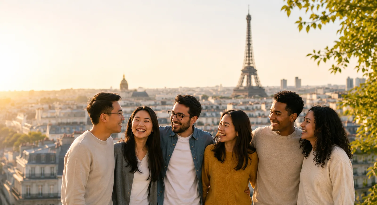 Groupe de personnes de la communauté souriant, avec Paris et la tour Eiffel en arrière-plan